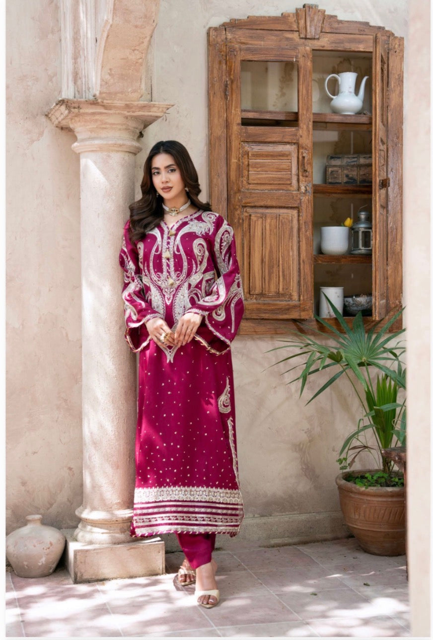 ROYA | 2 piece Magenta Embroidered viscose Kaftan Set Festive & Party Wear