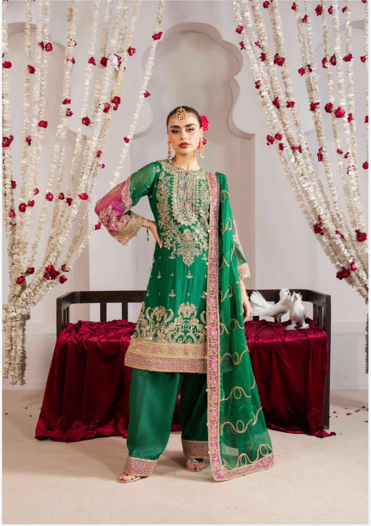 ALANI Emerald Green | 3 pieces heavy Embroidered chiffon suit