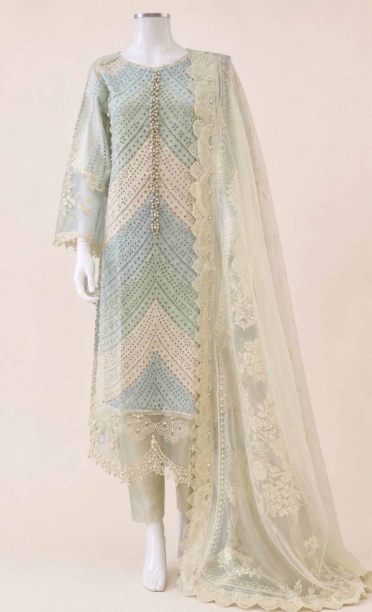 Mint Pearl | 3 piece Luxury Embroidered chikankari Lawn Suit