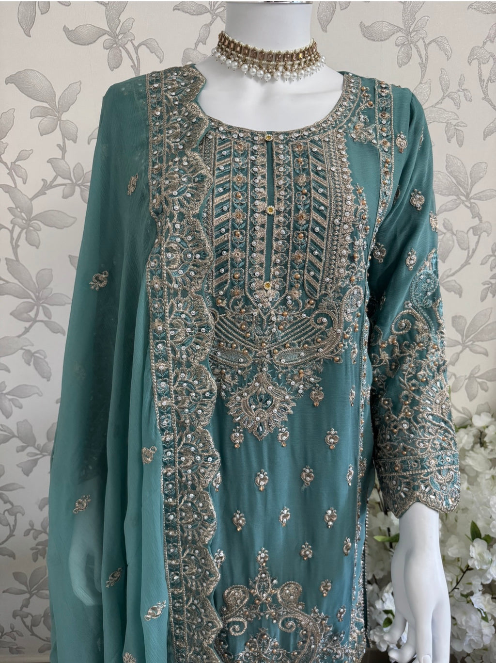 SAFFA | 3 piece Embroidered Chiffon Gharara Suit