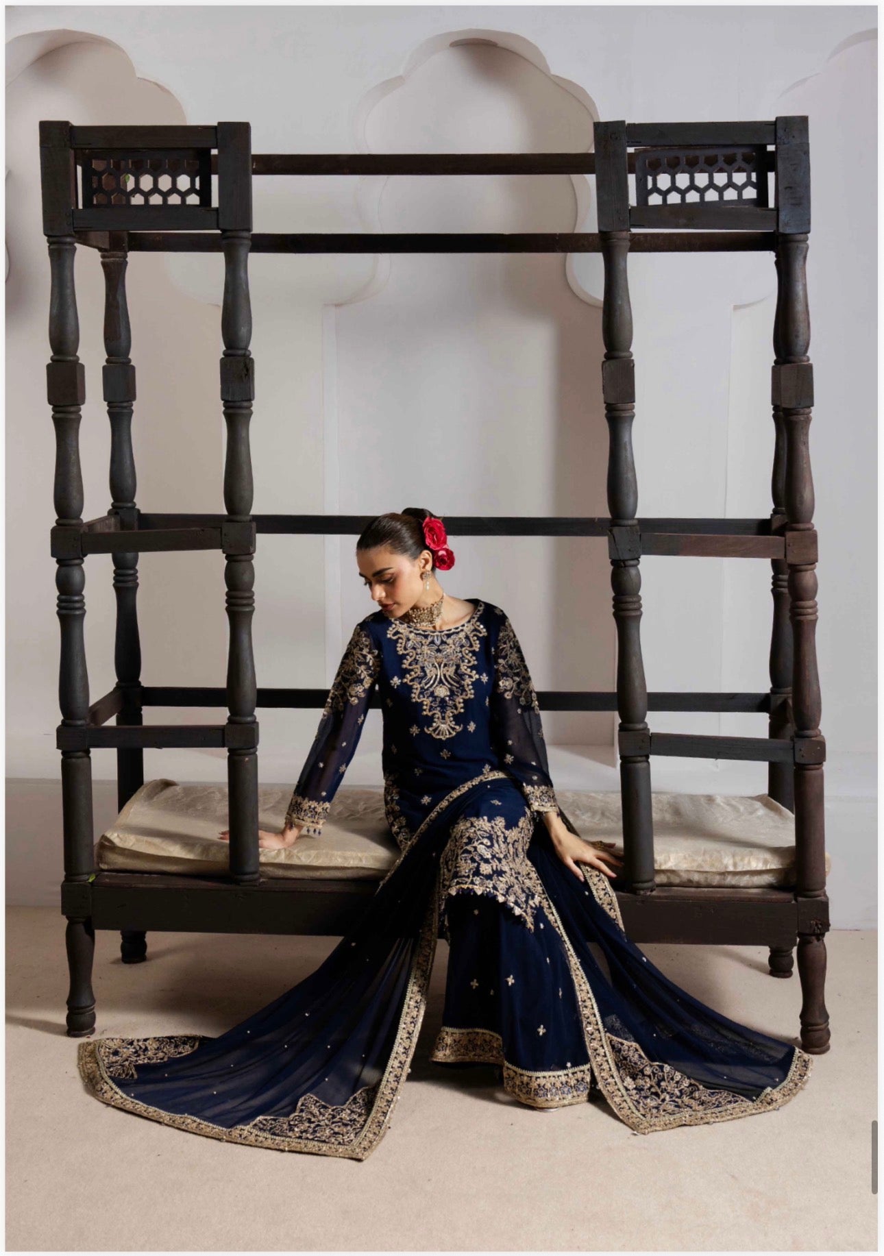 ALANI Navy Blue | 3 piece Embroidered chiffon sharara Suit