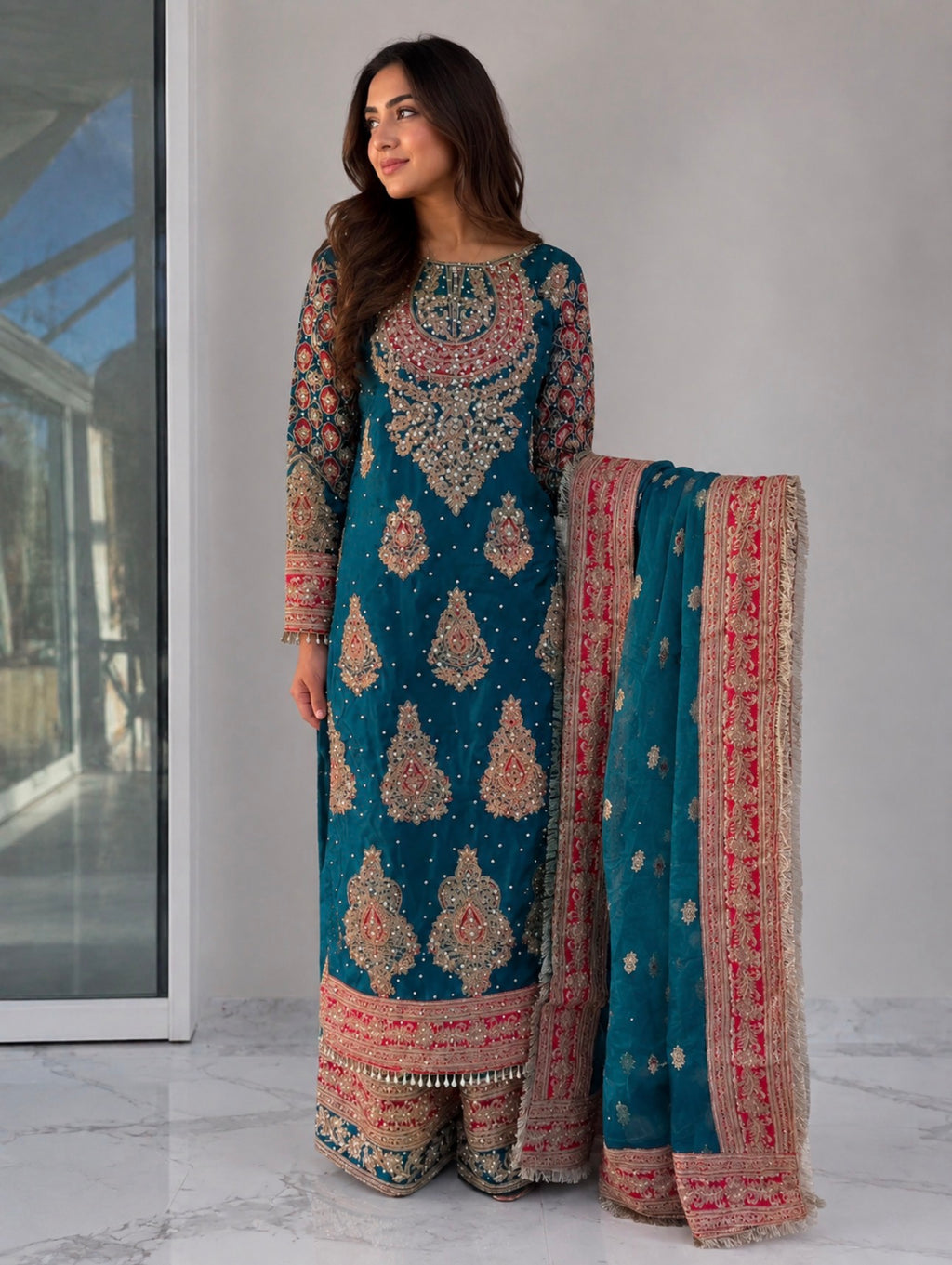 MAAHI | 3 piece heavy Embroidered silk wedding wear suit- TEAL