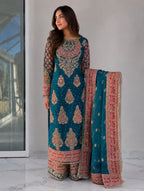 MAAHI | 3 piece heavy Embroidered silk wedding wear suit- TEAL