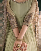 DILRUBA | 3 piece Embroidered chiffon Bridal Anarkali suit- Sage green