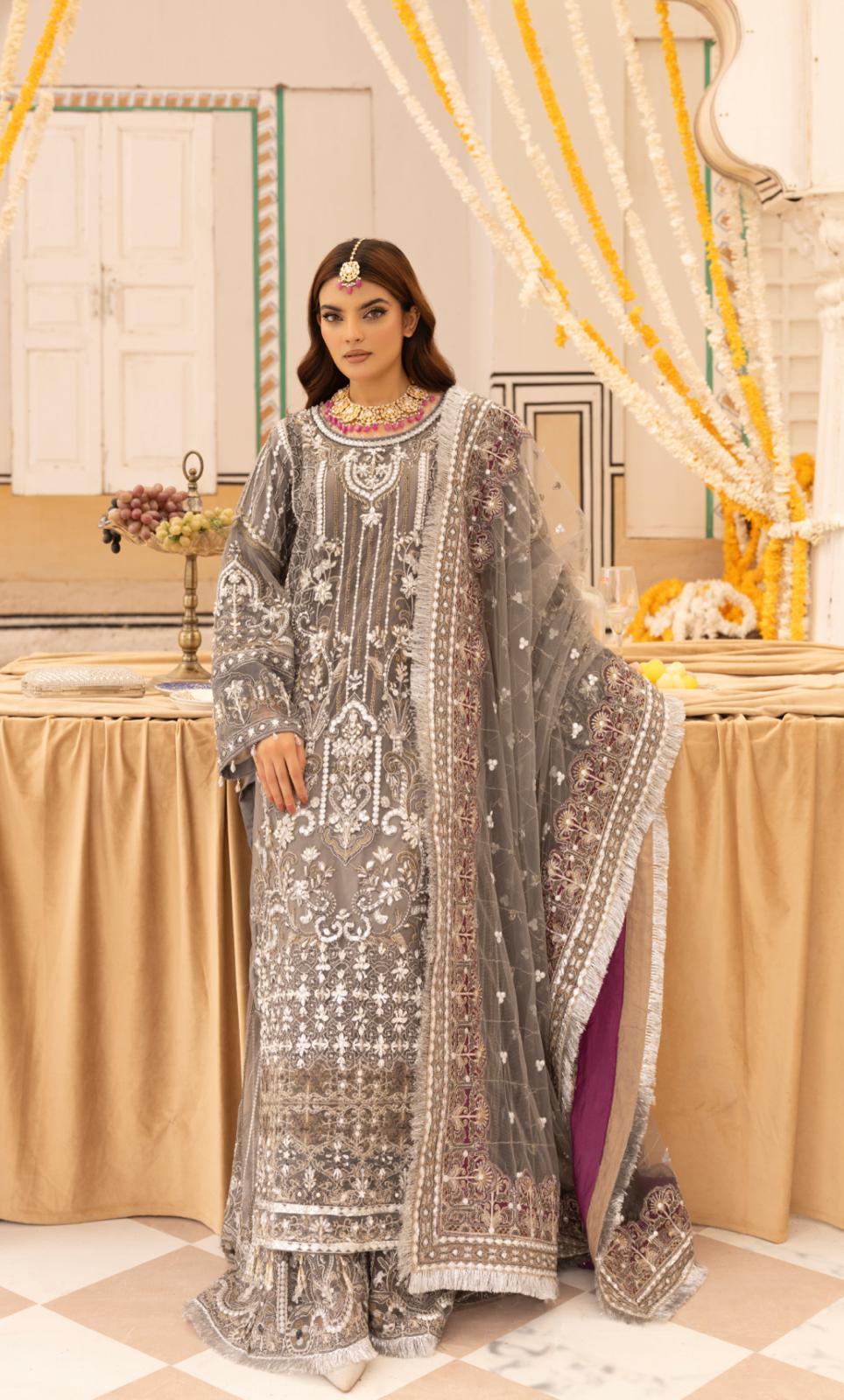 IMROZIAA- 3 piece Heavy Embroidered Net sharara suit