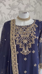 ALANI Navy Blue | 3 piece Embroidered chiffon sharara Suit