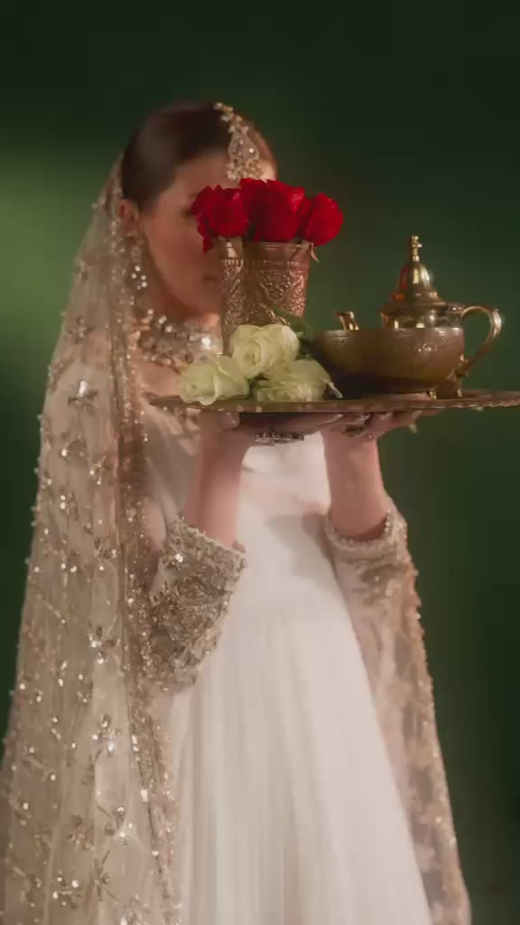 DILRUBA | 3 piece embroidered chiffon Bridal Anarkali suit - Champagne Beige