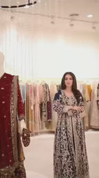 KAMKHAAB | 3 piece Maroon & Gold Embroidered chiffon Bridal Farshi Gharara Set