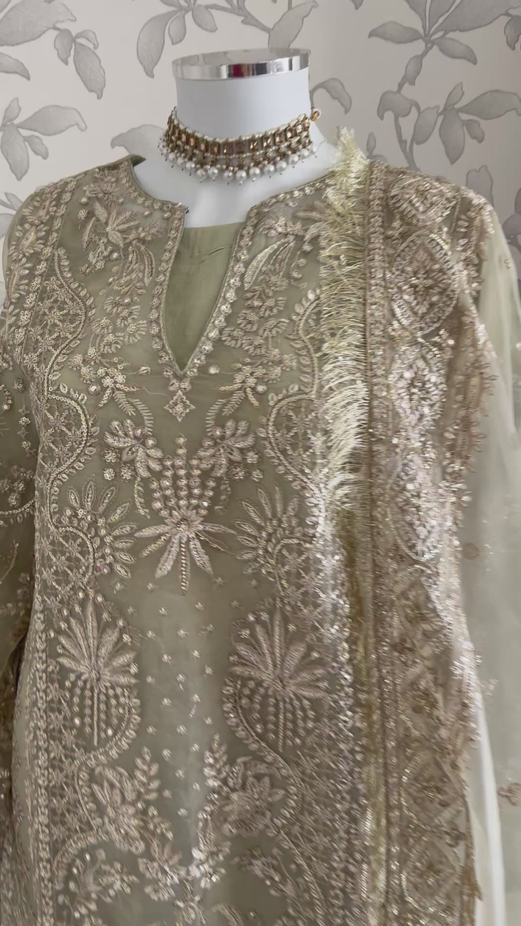 AFROZ Sage green | 3 piece Embroidered soft Organza Suit