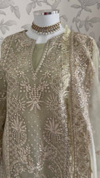 AFROZ Sage green | 3 piece Embroidered soft Organza Suit